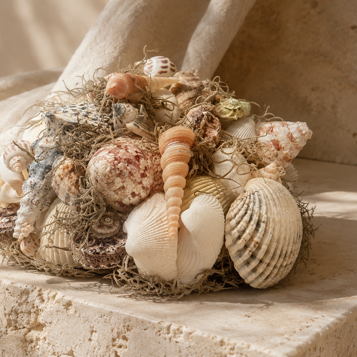 Halve Bol met Schelpen en Tillandsia Mos